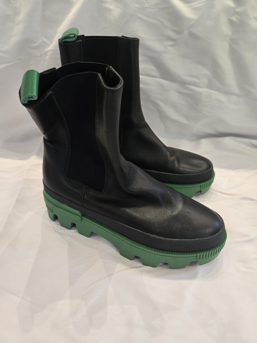 Black Leather Chelsea Boot with Green Lug Sole